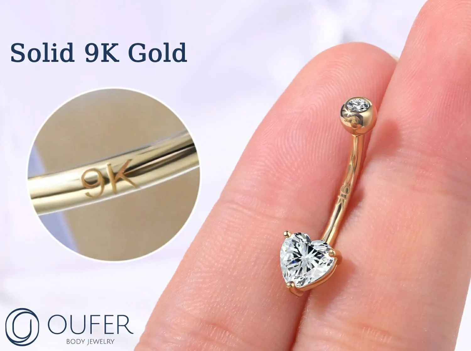 OUFER 14G Belly Rings, 9K Solid Gold Belly Button Rings, Heart Navel Rings, Internally Threaded Long Belly Piercing Jewelry for Women and Men