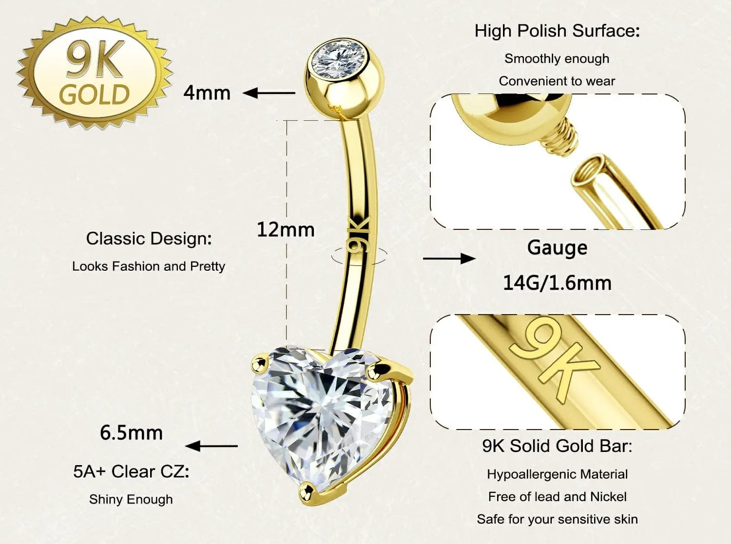 OUFER 14G Belly Rings, 9K Solid Gold Belly Button Rings, Heart Navel Rings, Internally Threaded Long Belly Piercing Jewelry for Women and Men
