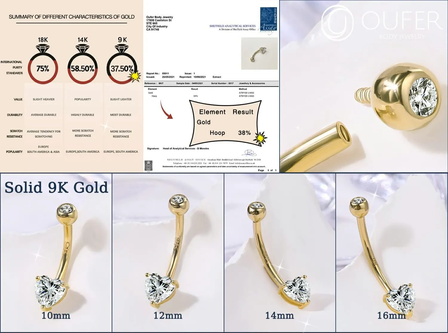 OUFER 14G Belly Rings, 9K Solid Gold Belly Button Rings, Heart Navel Rings, Internally Threaded Long Belly Piercing Jewelry for Women and Men