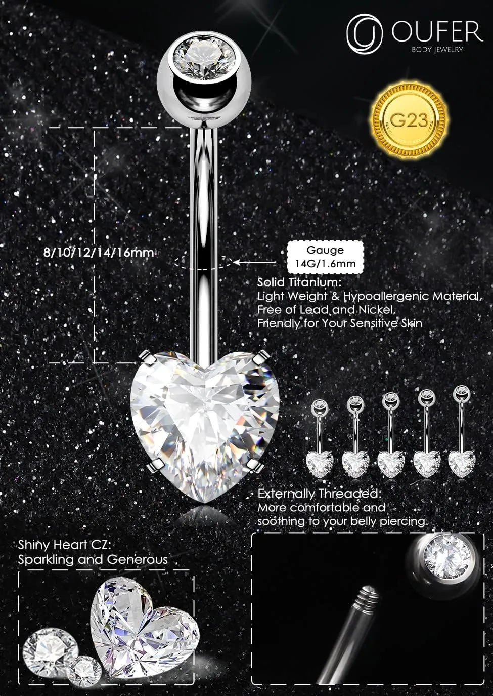 OUFER 14G Belly Rings, Belly Button Rings, G23 Solid Titanium Belly Piercing Jewelry, Heart Shaped Navel Piercing Jewelry, Belly Rings for Women Men