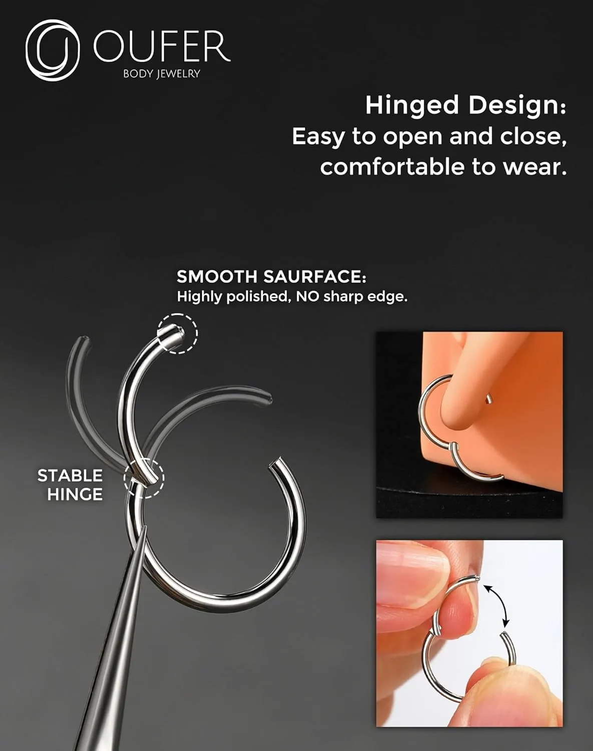 OUFER 20G/16g Nose Rings Hoops, 316L Surgical Steel Hinged Segment Nose rings for Women Men, Septum Lip Rings, Cartilage Helix Daith Tragus Rook Conch Ear Lobe Piercing Jewelry-6mm 7mm 8mm 9mm 10mm
