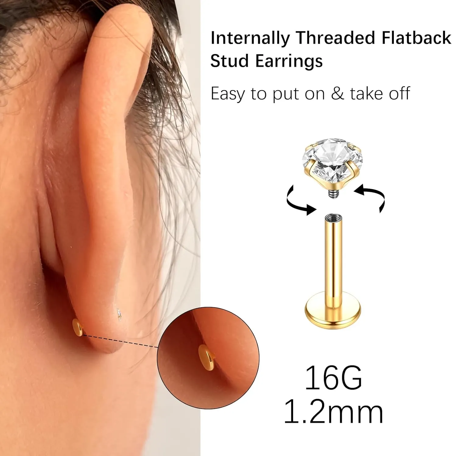 Oveta Titanium Flat Back Studs Earrings for Tragus Cartilage Piercing Jewelry Internally Threaded Nose Rings Studs 18G 16G, Silver/Gold, 2PCS