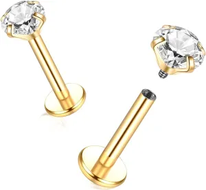 Oveta Titanium Flat Back Studs Earrings for Tragus Cartilage Piercing Jewelry Internally Threaded Nose Rings Studs 18G 16G, Silver/Gold, 2PCS