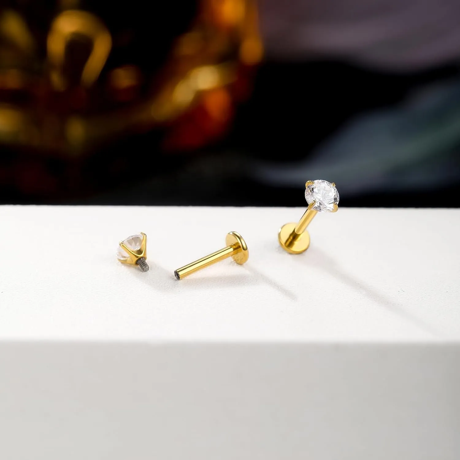 Oveta Titanium Flat Back Studs Earrings for Tragus Cartilage Piercing Jewelry Internally Threaded Nose Rings Studs 18G 16G, Silver/Gold, 2PCS
