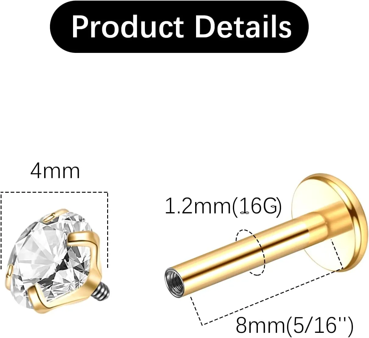 Oveta Titanium Flat Back Studs Earrings for Tragus Cartilage Piercing Jewelry Internally Threaded Nose Rings Studs 18G 16G, Silver/Gold, 2PCS
