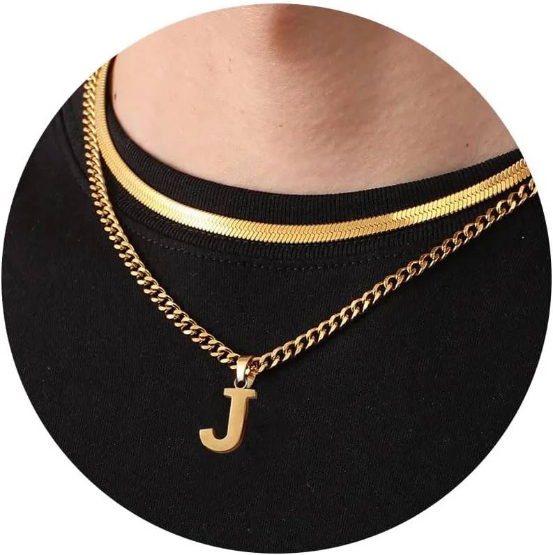 P.BLAKE Layered Initial A-Z Pendant Necklaces Graduation Gifts for Men Boys, Stainless Steel Letter Cuban Link Herringbone Chain Fashion Jewelry Gifts
