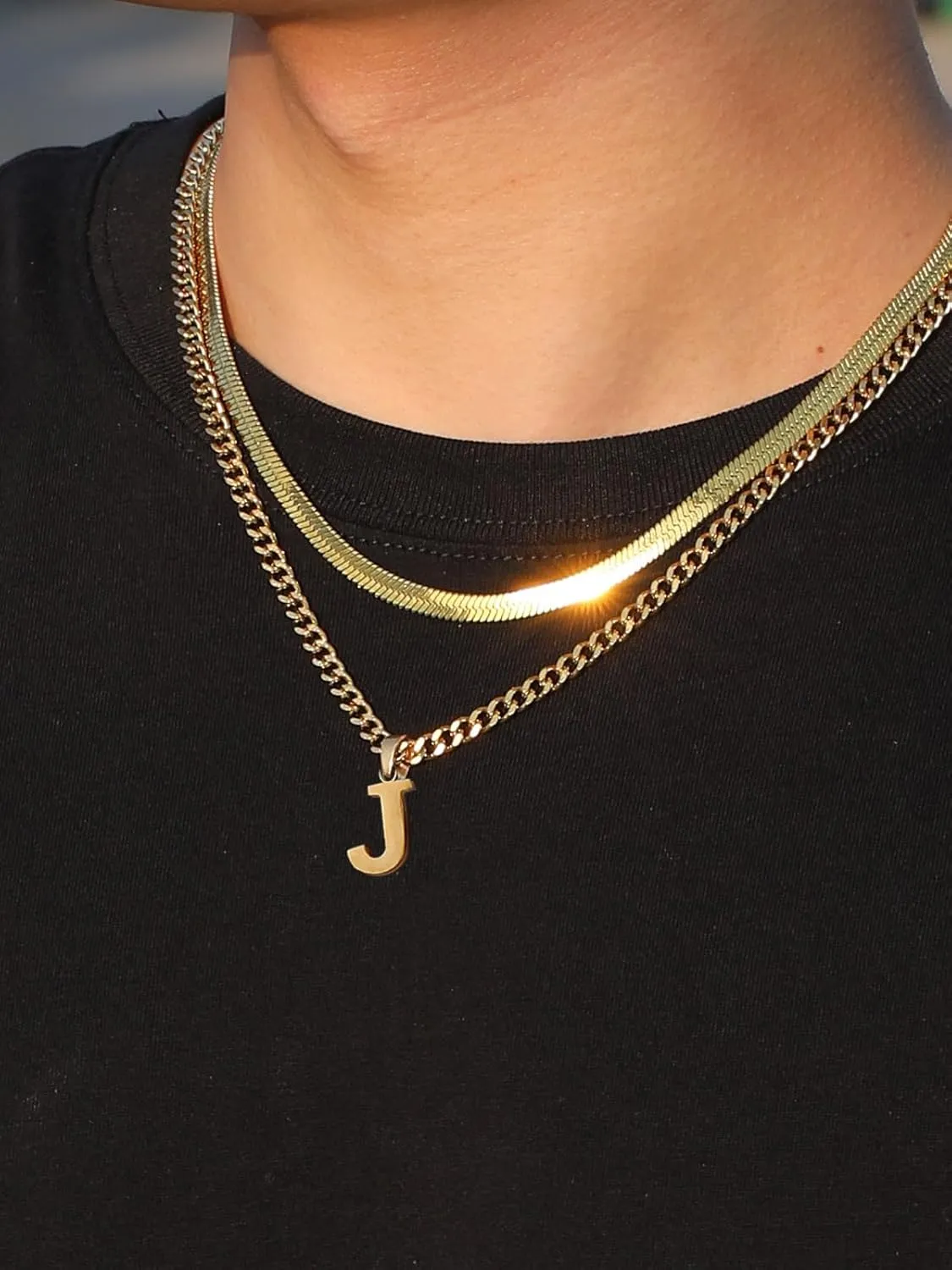 P.BLAKE Layered Initial A-Z Pendant Necklaces Graduation Gifts for Men Boys, Stainless Steel Letter Cuban Link Herringbone Chain Fashion Jewelry Gifts