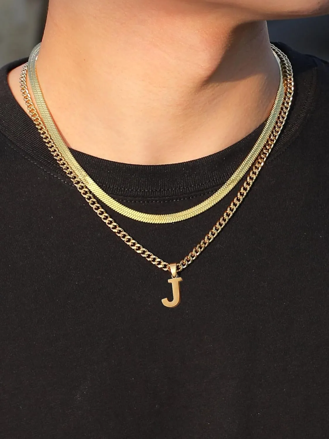 P.BLAKE Layered Initial A-Z Pendant Necklaces Graduation Gifts for Men Boys, Stainless Steel Letter Cuban Link Herringbone Chain Fashion Jewelry Gifts