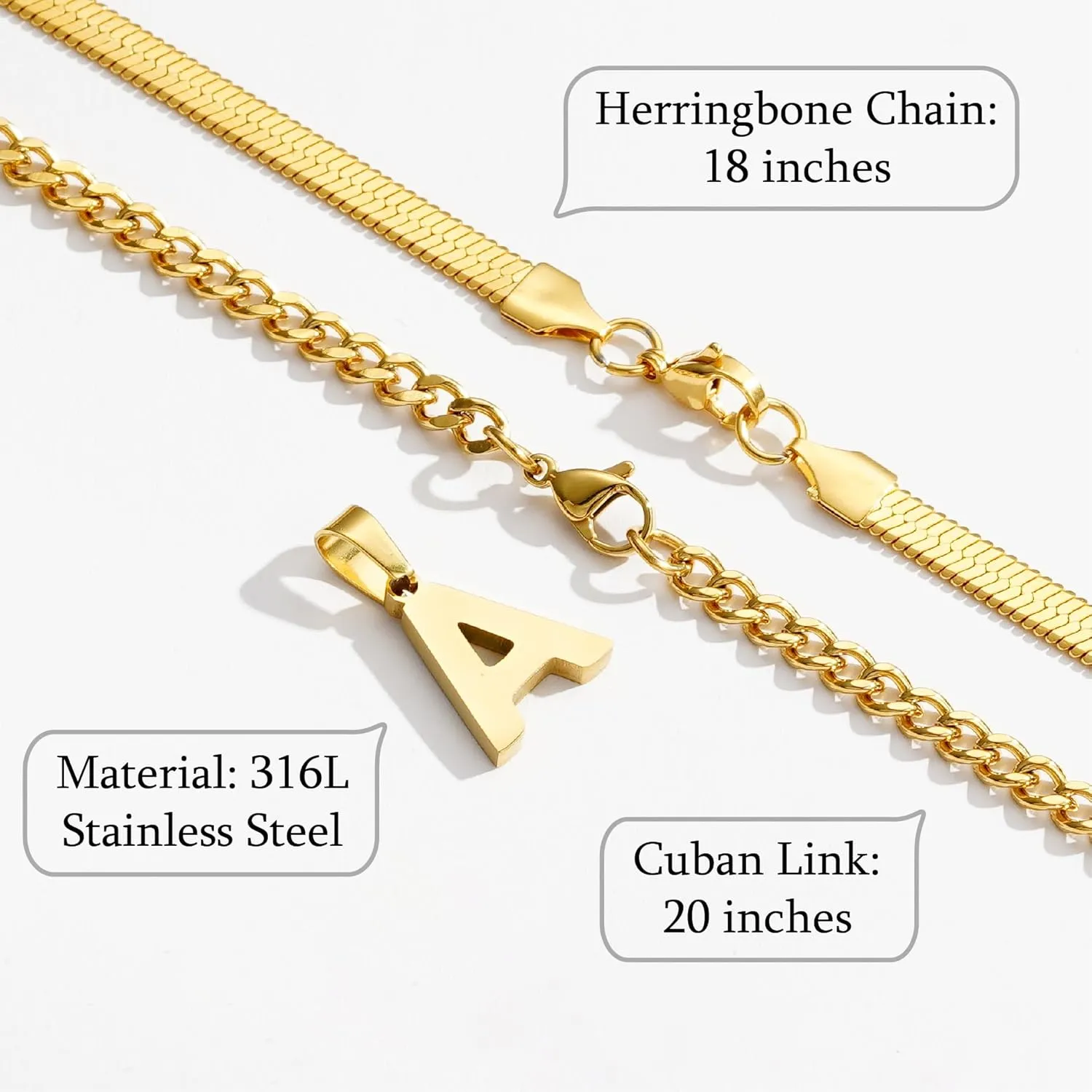 P.BLAKE Layered Initial A-Z Pendant Necklaces Graduation Gifts for Men Boys, Stainless Steel Letter Cuban Link Herringbone Chain Fashion Jewelry Gifts