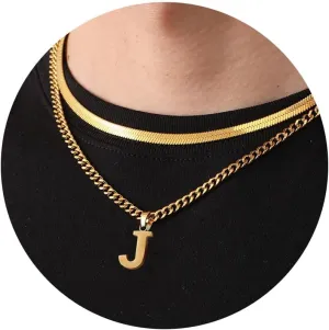 P.BLAKE Layered Initial A-Z Pendant Necklaces Graduation Gifts for Men Boys, Stainless Steel Letter Cuban Link Herringbone Chain Fashion Jewelry Gifts
