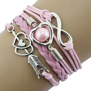 Pearl Heart Antique Leather PK Charm Friendship Bracelets Costume Jewelry Gold Homecoming Jewelry ((Pink), One Size)