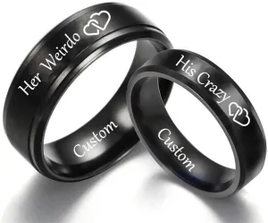 Personalized His Crazy Her Weirdo Heart Rings for Couples Stainless Steel Matching Promise Rings for Her Black Wedding Bands Sets for Him and Her Comfort Fit