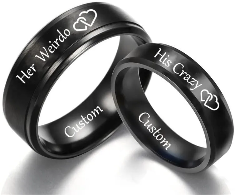 Personalized His Crazy Her Weirdo Heart Rings for Couples Stainless Steel Matching Promise Rings for Her Black Wedding Bands Sets for Him and Her Comfort Fit