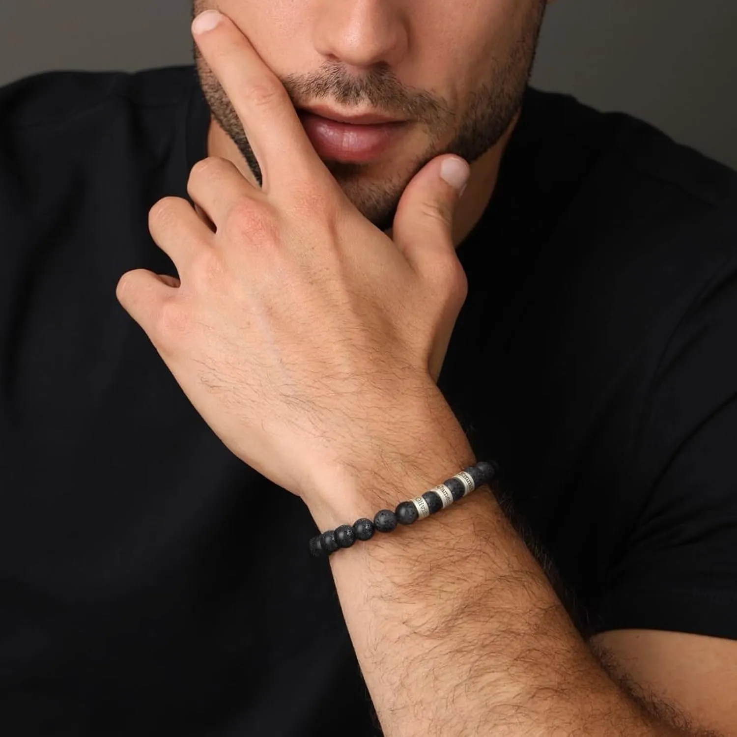 Personalized Mens Beaded Bracelets Engraved Lava Beaded Bracelet Tiger Eye Beaded Bracelet with 1-5 Names Custom Chakra Bracelets for Men Dad Husband Birthday Gift
