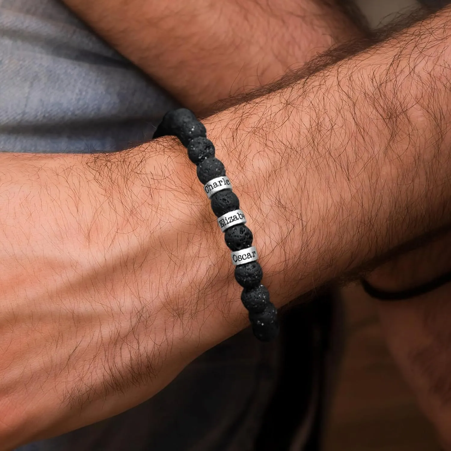 Personalized Mens Beaded Bracelets Engraved Lava Beaded Bracelet Tiger Eye Beaded Bracelet with 1-5 Names Custom Chakra Bracelets for Men Dad Husband Birthday Gift