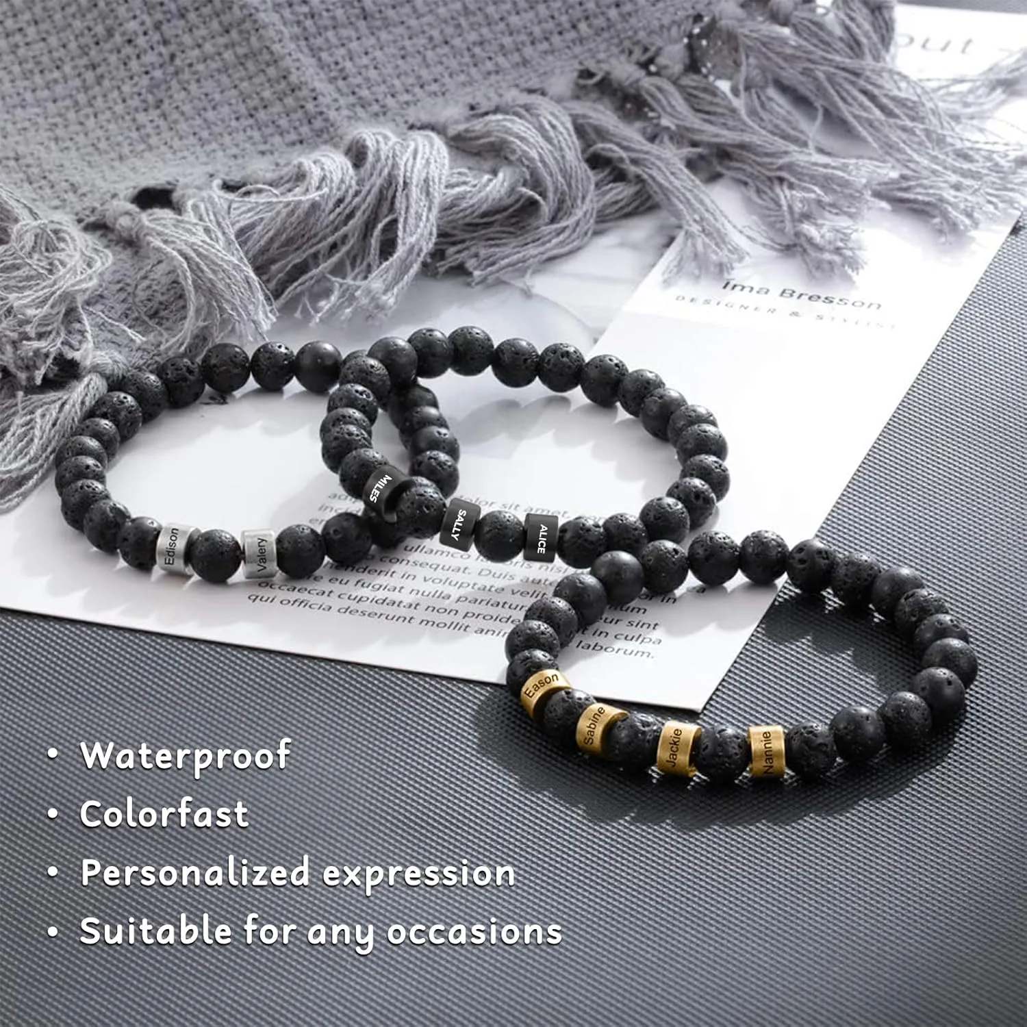 Personalized Mens Beaded Bracelets Engraved Lava Beaded Bracelet Tiger Eye Beaded Bracelet with 1-5 Names Custom Chakra Bracelets for Men Dad Husband Birthday Gift