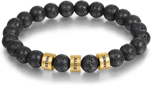 Personalized Mens Beaded Bracelets Engraved Lava Beaded Bracelet Tiger Eye Beaded Bracelet with 1-5 Names Custom Chakra Bracelets for Men Dad Husband Birthday Gift