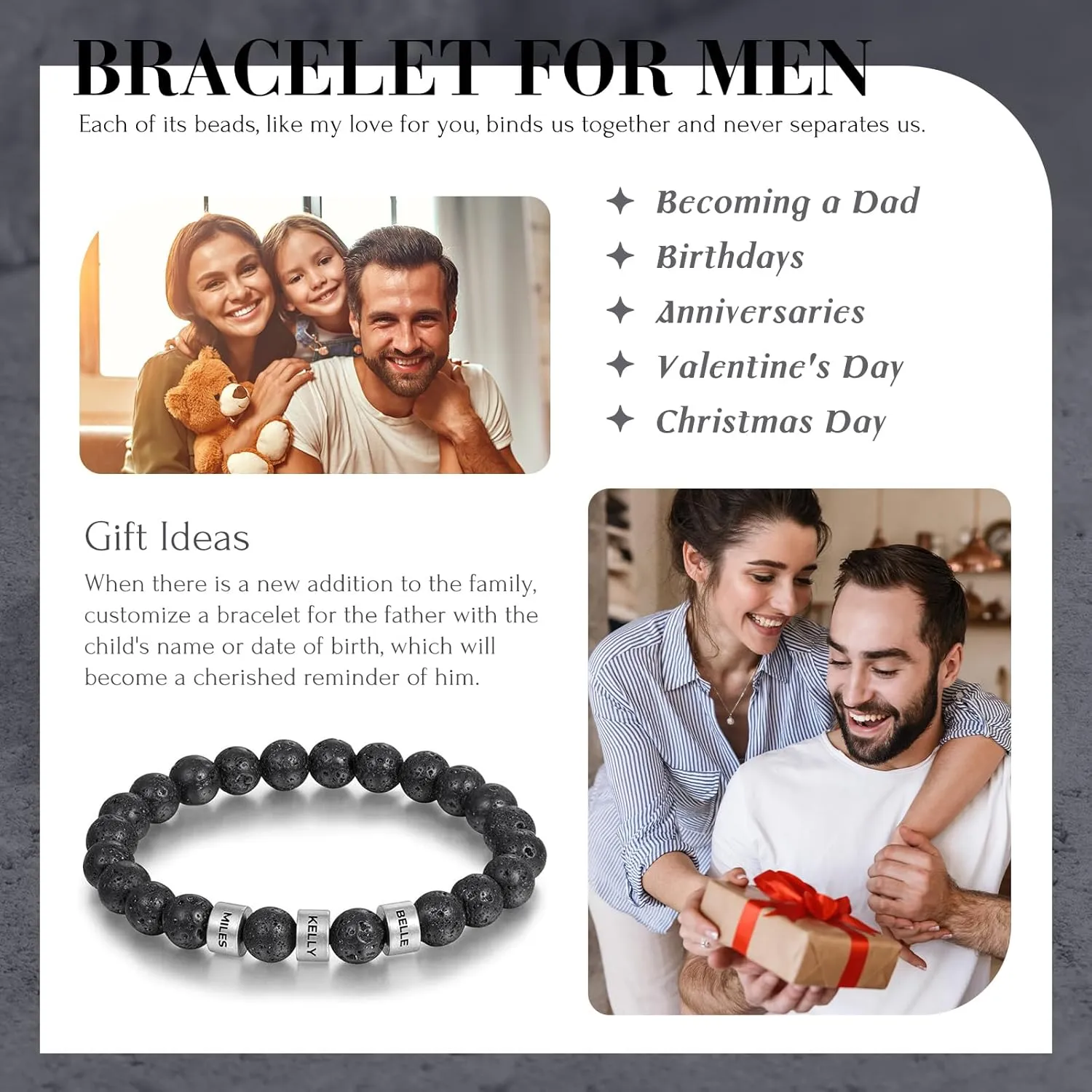 Personalized Mens Beaded Bracelets Engraved Lava Beaded Bracelet Tiger Eye Beaded Bracelet with 1-5 Names Custom Chakra Bracelets for Men Dad Husband Birthday Gift