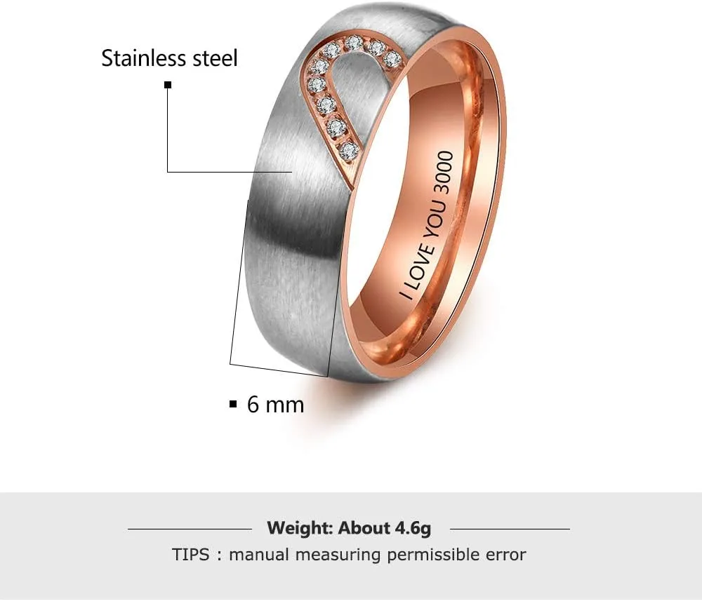 Personalized Promise Rings for Couples Stainless Steel Engagement Heart Rings Set Custom name Matching Wedding Rings for Her His Women Men Lover