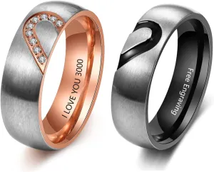 Personalized Promise Rings for Couples Stainless Steel Engagement Heart Rings Set Custom name Matching Wedding Rings for Her His Women Men Lover