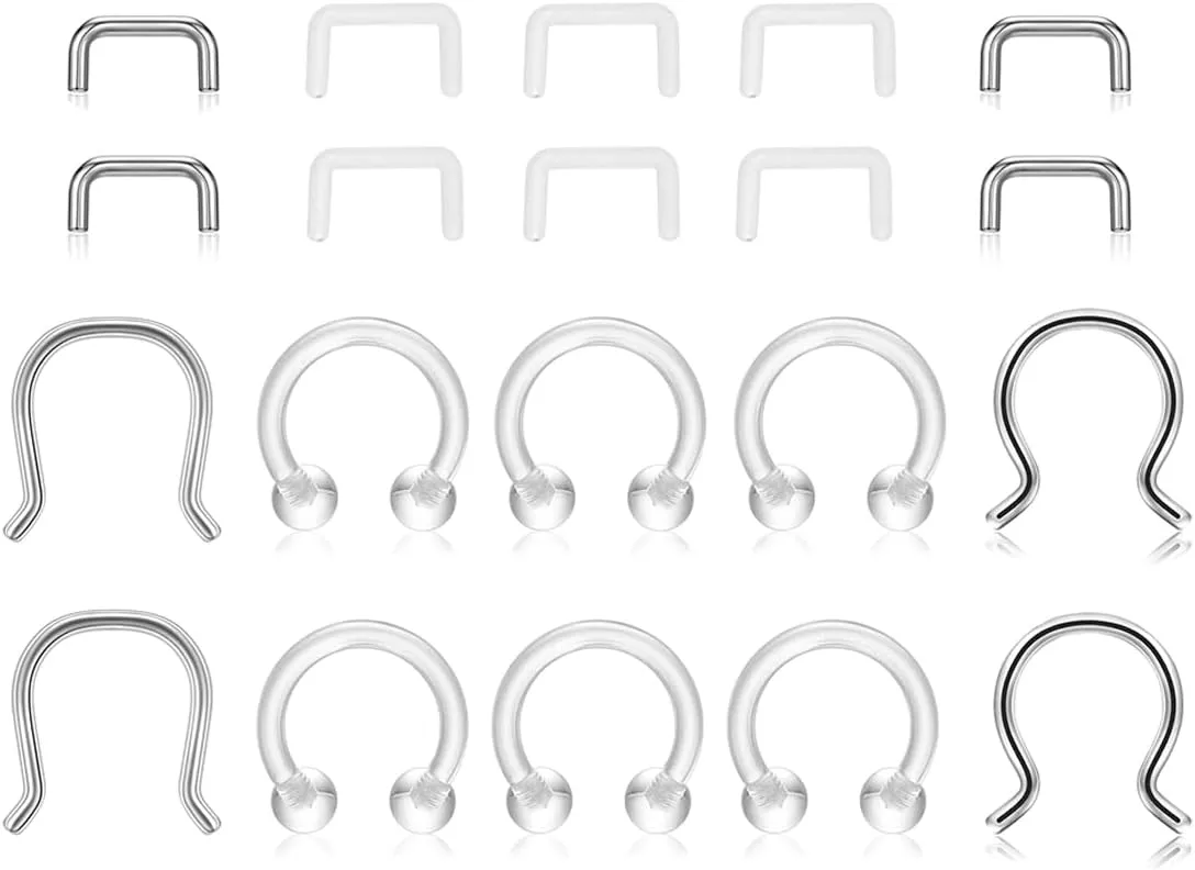 PiercingJ 20pcs 14G 16G Clear Bioflex Septum Rings Retainers Flexible Acrylic Nose Ring Retainer U-Shaped Piercing Hider Body Jewelry