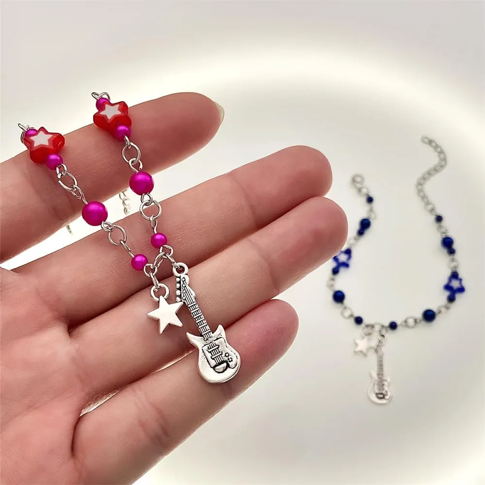 Pingyongchang Punk Hollow Star Pendant Bracelets Y2K Guitar Heart Matching Beaded Bracelet Couples Friends BFF Jewelry Gifts for Women