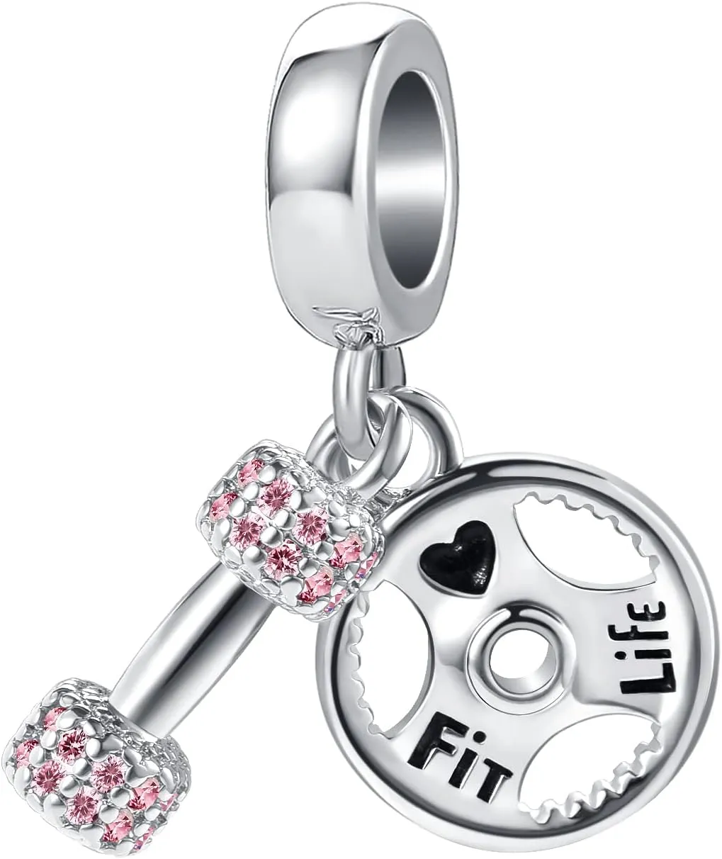 Pink Dumbbell Barllbell Gym Workout Charm for Pandora Bracelets Sports Barbell CZ Bead
