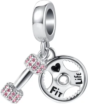 Pink Dumbbell Barllbell Gym Workout Charm for Pandora Bracelets Sports Barbell CZ Bead
