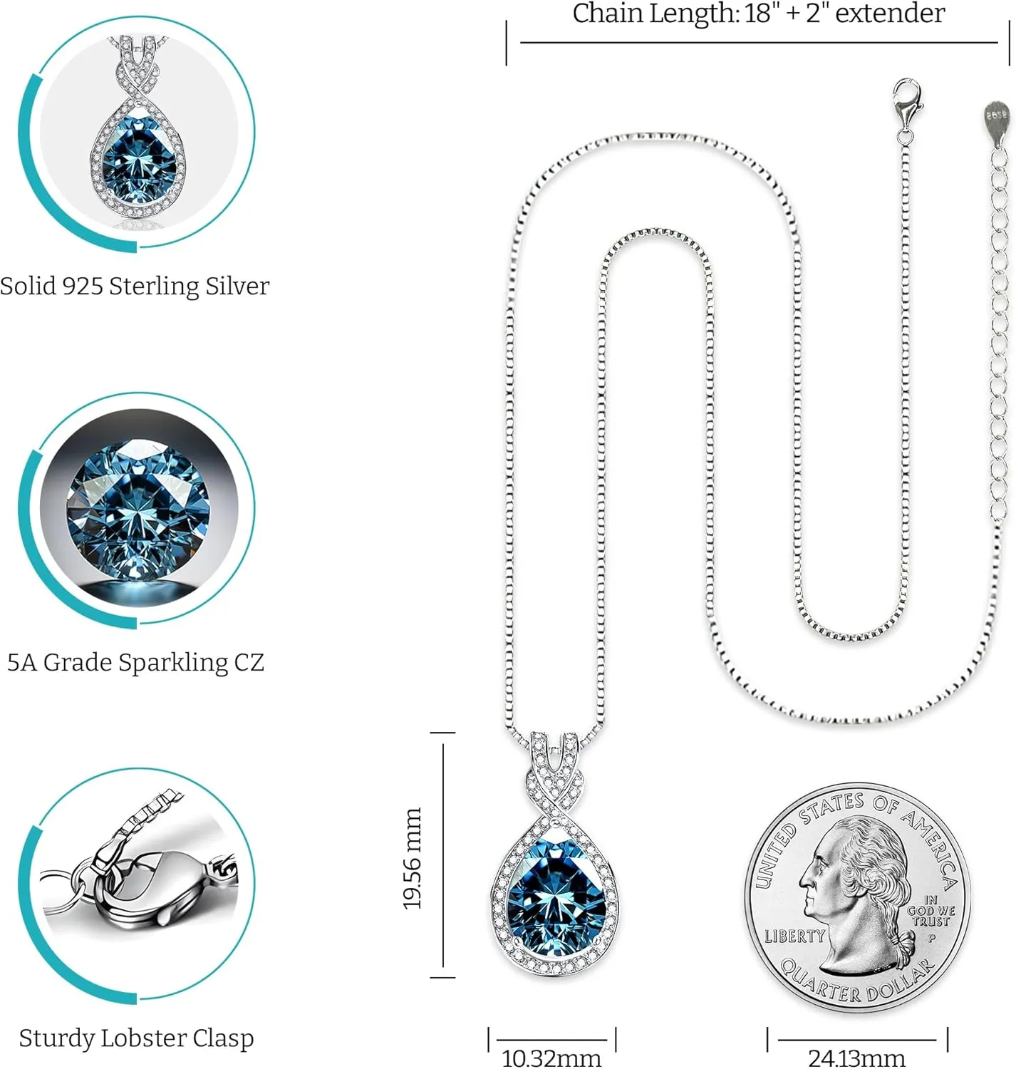 Platinum Plated Genuine Birthstone Infinity Necklace, Gold Necklaces for Women, 925 Sterling Silver Jewelry with Pendant Birthstone, Dainty Necklace, Birthday Gifts for Her