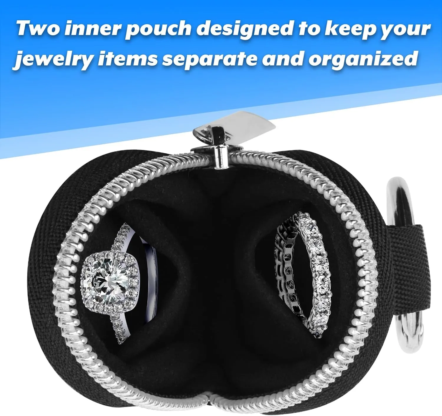Portable Ring Organizer Case with Keychain, Traveling Ring Holder Storage Bag, Anti-Lost Keychain Container for Rings, Jewelry (1, Black)