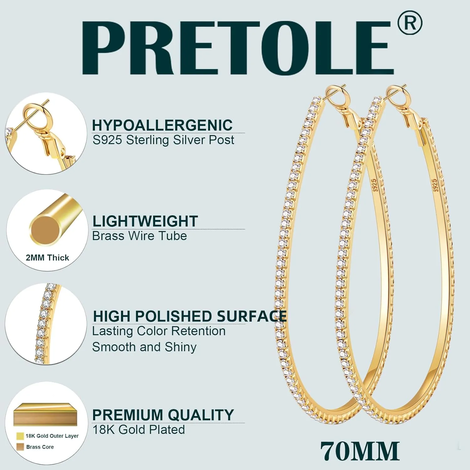 PRETOLE 925 Sterling Silver Hoop Earrings Rhinestone Large Silver Hoop Earrings Oval Big Hoops Earrings for Women Lightweight Hypoallergenic Extra Large Silver Hoops Earrings for Women (50/60/70MM)