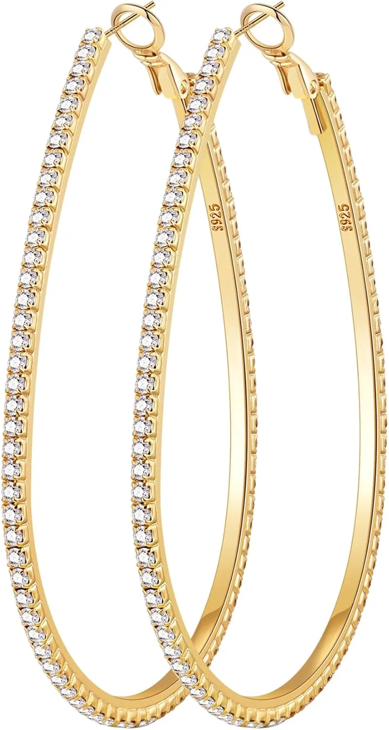 PRETOLE 925 Sterling Silver Hoop Earrings Rhinestone Large Silver Hoop Earrings Oval Big Hoops Earrings for Women Lightweight Hypoallergenic Extra Large Silver Hoops Earrings for Women (50/60/70MM)