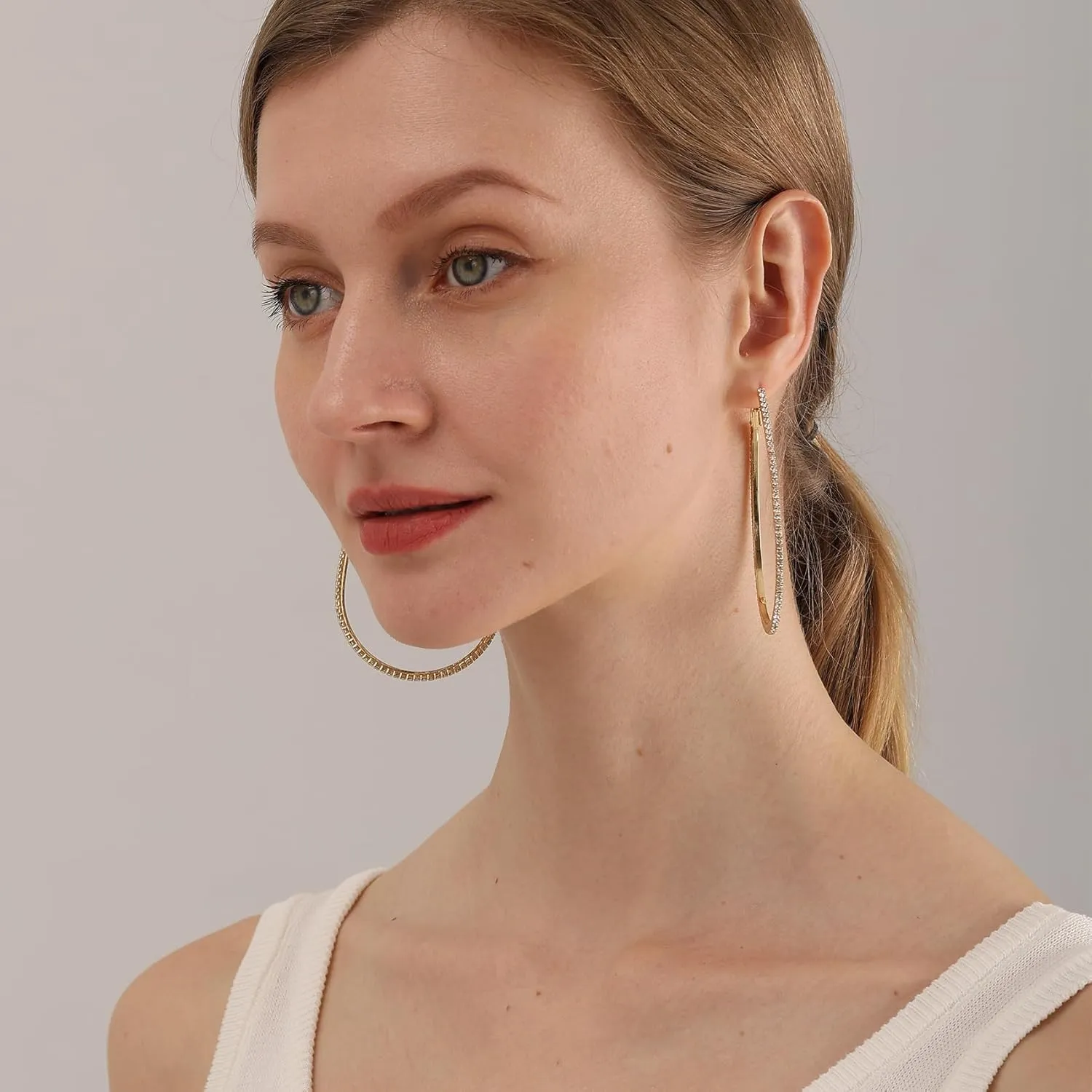 PRETOLE 925 Sterling Silver Hoop Earrings Rhinestone Large Silver Hoop Earrings Oval Big Hoops Earrings for Women Lightweight Hypoallergenic Extra Large Silver Hoops Earrings for Women (50/60/70MM)