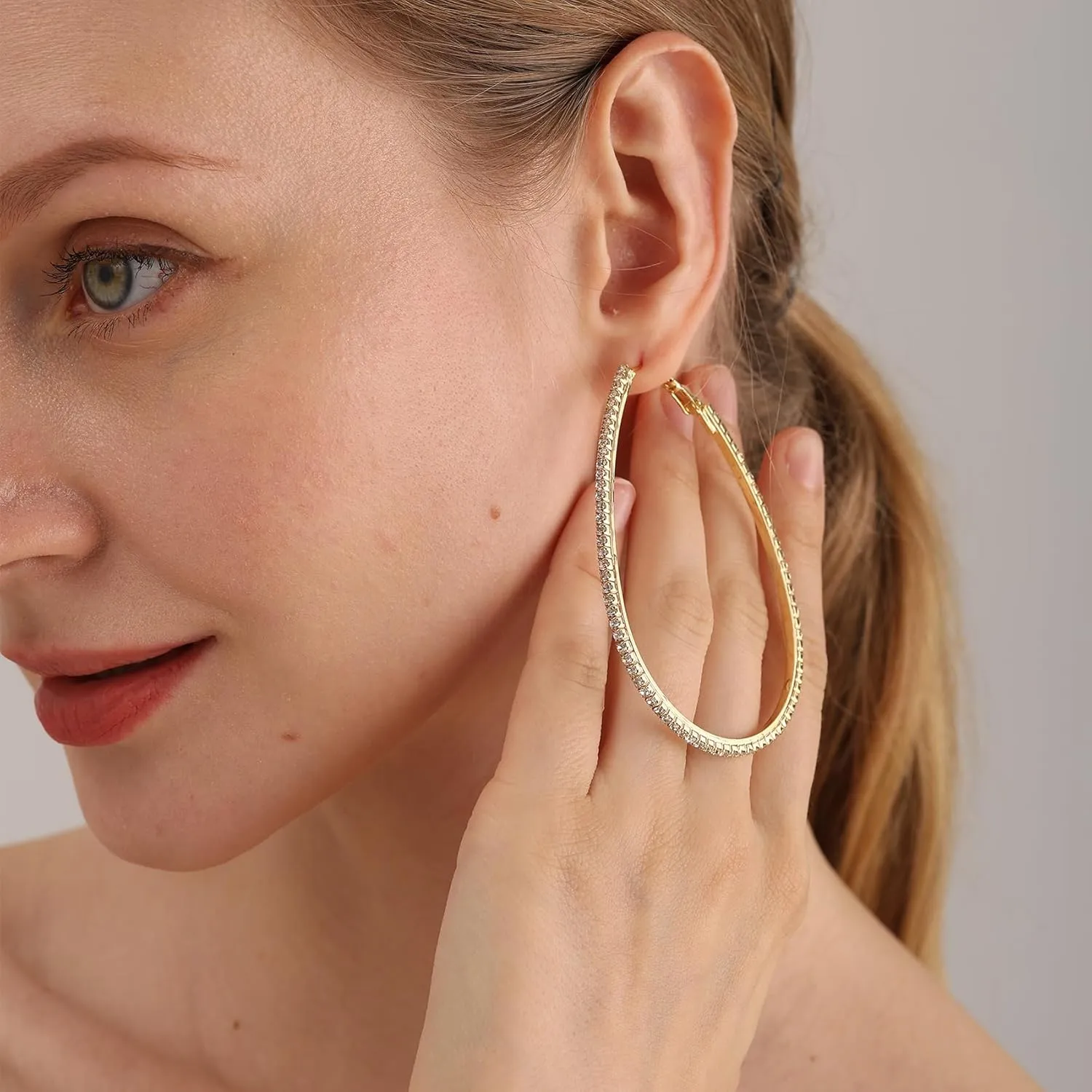 PRETOLE 925 Sterling Silver Hoop Earrings Rhinestone Large Silver Hoop Earrings Oval Big Hoops Earrings for Women Lightweight Hypoallergenic Extra Large Silver Hoops Earrings for Women (50/60/70MM)