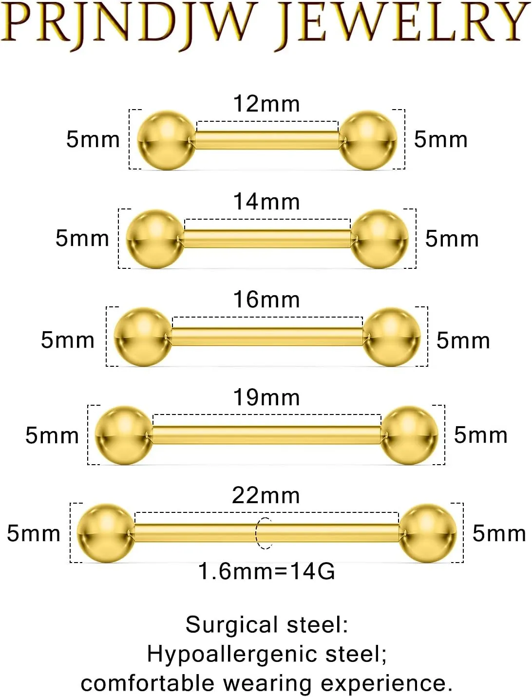 Prjndjw 14G Surgical Steel Straight Barbell - Tongue & Nipple Rings for Women & Men - Length 12MM, 14MM, 16MM, 18MM, 22mm - Piercing Jewelry