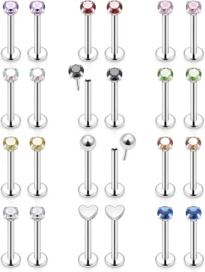 Prjndjw 16G 18G 20G Flat Back Nose Rings Studs Earrings Surgical Steel Threadless Nose Studs Straight Cartilage Earrings for Women Men Diamond CZ 1.5mm 2mm 2.5mm 3mm Silver Labret Jewelry lip Rings