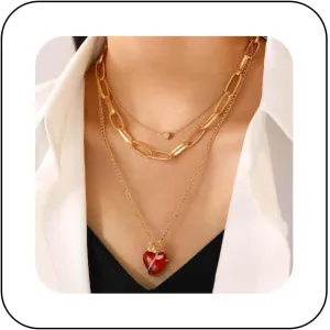 Punk Layered Heart Flower Necklace Red Crystal Heart Pendent Necklace Gold Ruby Heart Necklace Paperclip Chain Choker Necklace Rose Floral Heart Necklaces Jewelry for Women