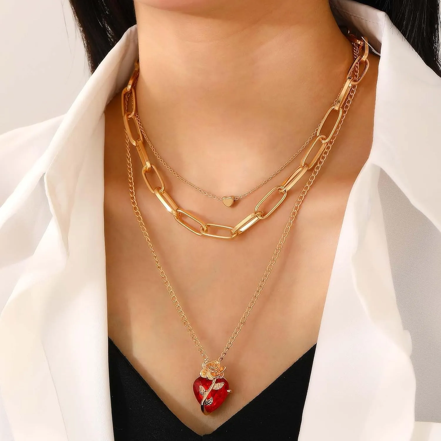 Punk Layered Heart Flower Necklace Red Crystal Heart Pendent Necklace Gold Ruby Heart Necklace Paperclip Chain Choker Necklace Rose Floral Heart Necklaces Jewelry for Women