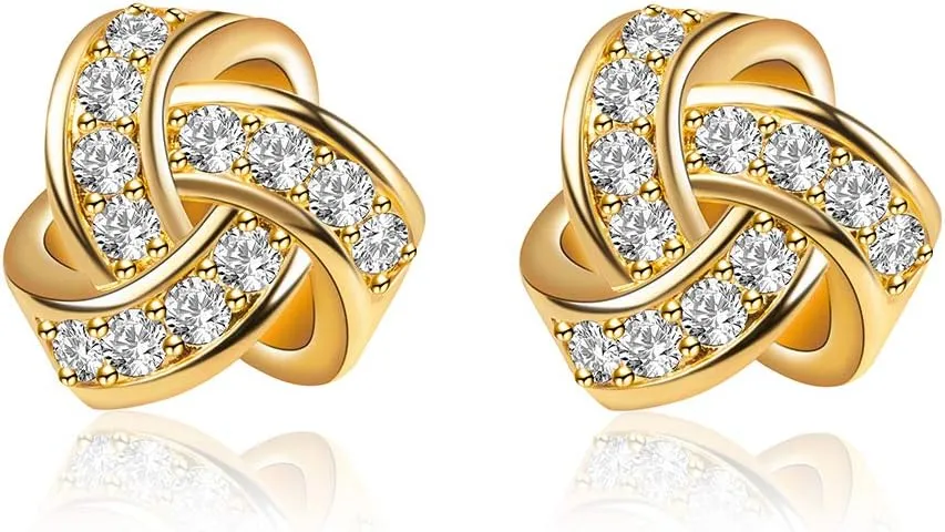 Q&D&S 14K Gold Plated Stud Earrings 925 Sterling Silver CZ Earrings Love Knot Post Cubic Zirconia Earrings For Women