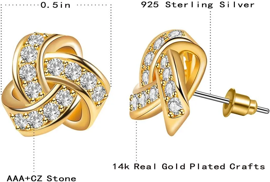 Q&D&S 14K Gold Plated Stud Earrings 925 Sterling Silver CZ Earrings Love Knot Post Cubic Zirconia Earrings For Women