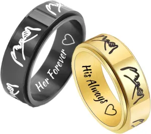 QINGDUO Her Forever&His Always 2Pcs Set of Matching Pinky Promise Pinky Rings for Couples Polish Stainless Steel Meditation Spinner Fidget Engagement Wedding Band Gift,Black&Gold Plated