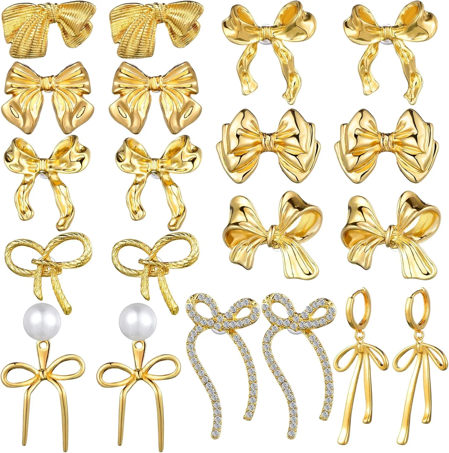 Quelay 10 Pairs Gold Bow Earrings for Women Ribbon Bow Stud Earrings Gold Butterfly Stud Earrings Ribbon Bowknot Jewelry for Wedding Bride Gifts