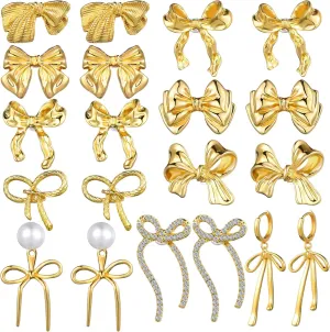 Quelay 10 Pairs Gold Bow Earrings for Women Ribbon Bow Stud Earrings Gold Butterfly Stud Earrings Ribbon Bowknot Jewelry for Wedding Bride Gifts