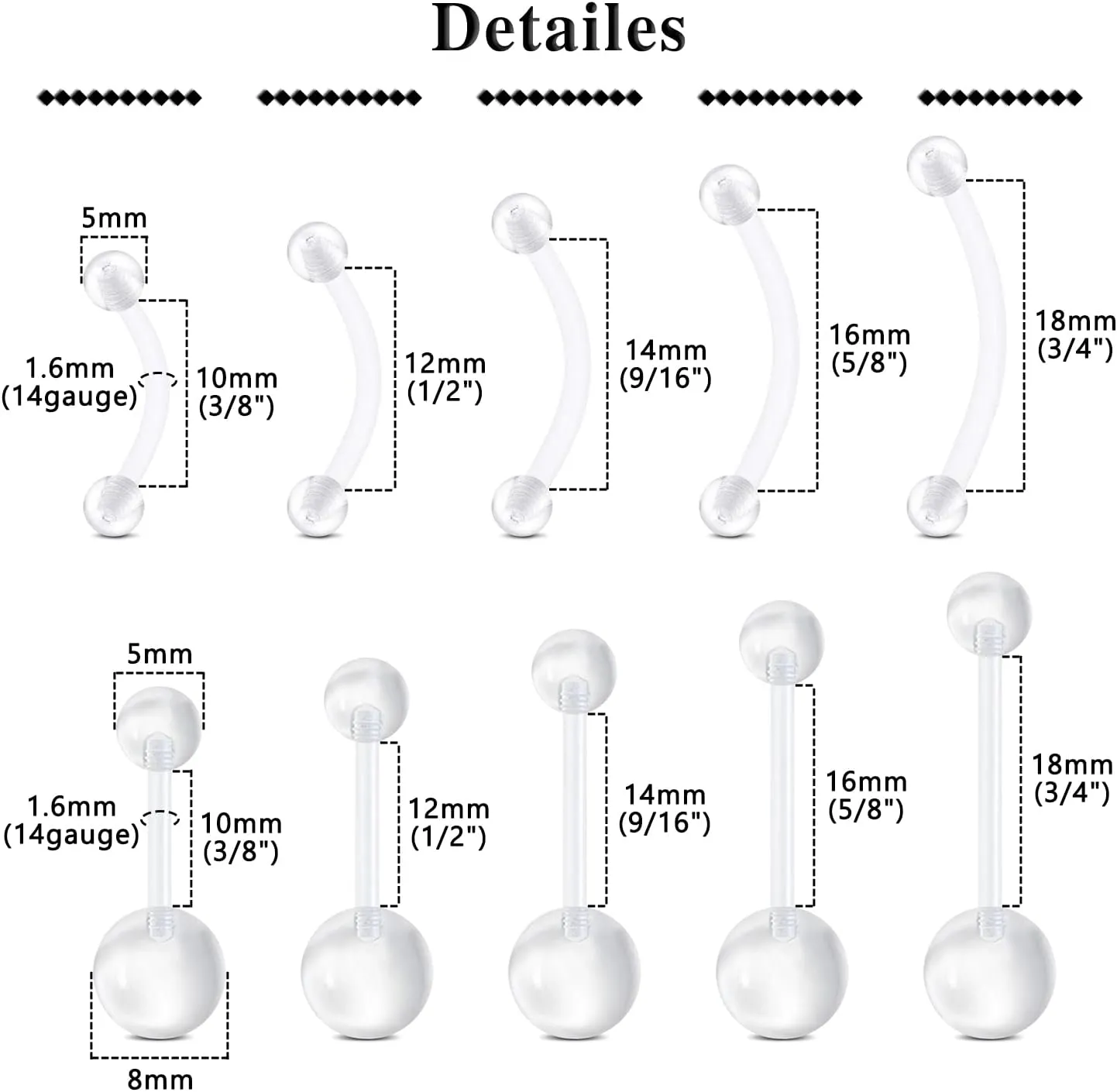 QWALIT 14g Clear Belly Button Rings Bioflex Plastic Belly Ring Curved Barbell Navel Piercings Retainers for Work Surgery 10mm 14mm 16mm 18mm