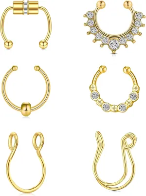 QWALIT Fake Nose Ring Gold Fake Septum Ring Hoop Silver Faux Septum Piercing Clip on Lip Ring Stick on Nose Stud Non Piercing Ear Earring Cuffs Gold Lip Cuff Non Pierced