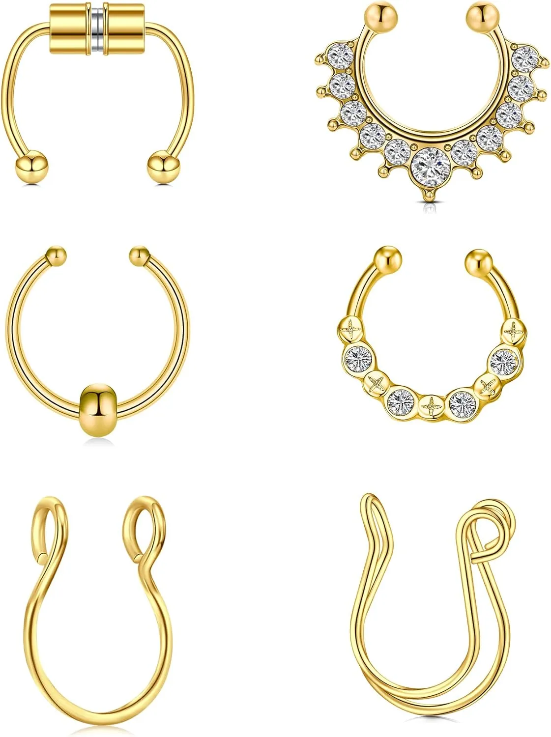 QWALIT Fake Nose Ring Gold Fake Septum Ring Hoop Silver Faux Septum Piercing Clip on Lip Ring Stick on Nose Stud Non Piercing Ear Earring Cuffs Gold Lip Cuff Non Pierced