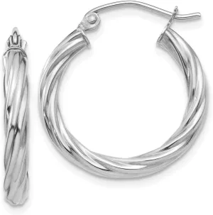 Real 14k White Gold 3.25mm Twisted Hoop Earrings - 15mm x 3mm