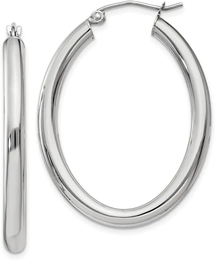 Real 14k White Gold 3.5mm Oval Tube Hoop Earrings - 22mm x 3mm