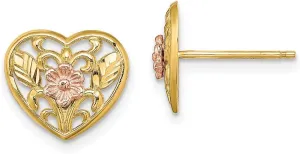 Real 14k Yellow and White Gold Two Tone Flower Floral in Heart Post Studs Earrings - 10mm x 12mm