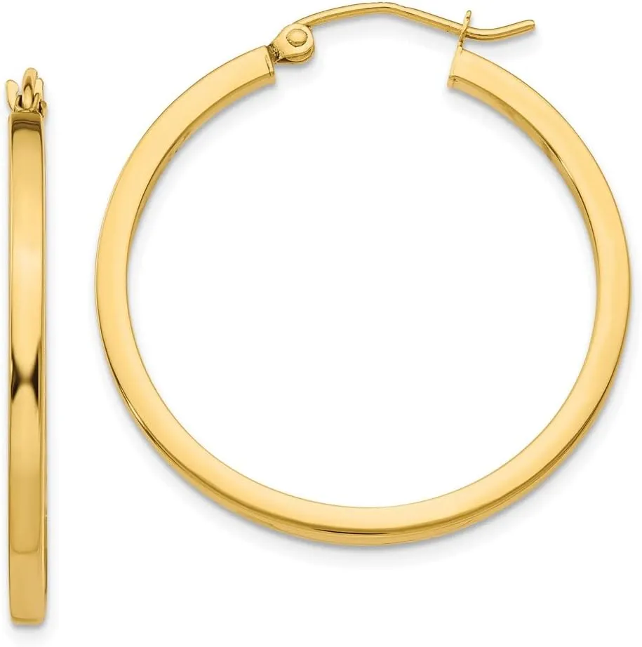 Real 14k Yellow Gold 2mm Square Tube Hoop Earrings - 30mm x 35mm